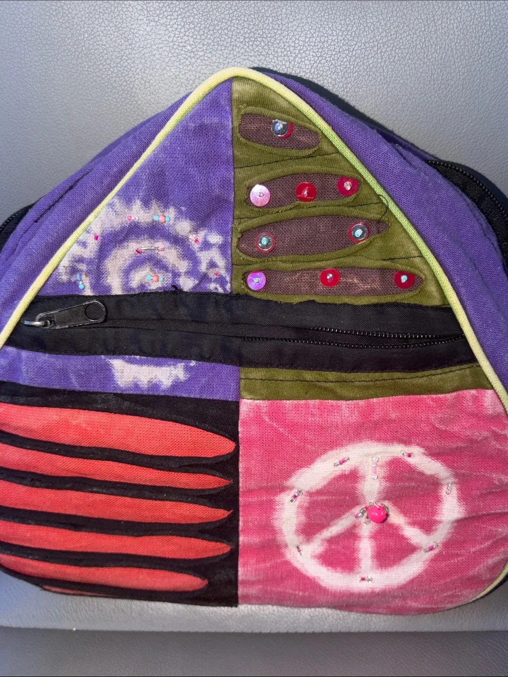 Boho Patchwork Peace Sign Women's Crossbody Bag in Pink & Purple